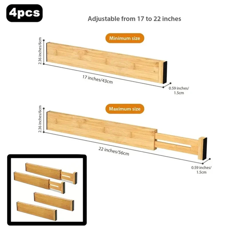Adjustable Bamboo Kitchen & Drawer Dividers – Multiple Sizes (1pc & 4pcs Sets)