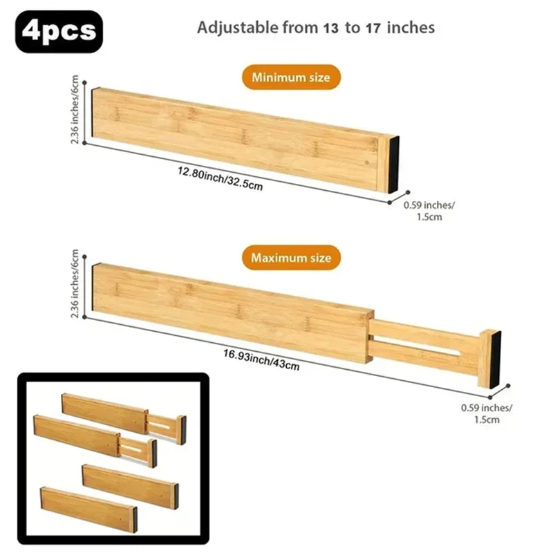 Adjustable Bamboo Kitchen & Drawer Dividers – Multiple Sizes (1pc & 4pcs Sets)